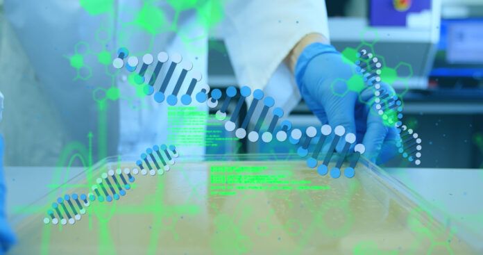 Image of dna strand over scientist. Global science and digital interface concept digitally generated image.