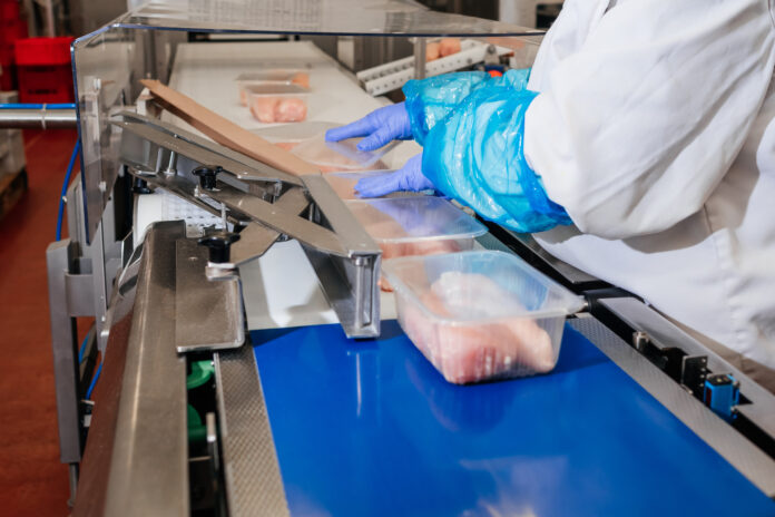 Automated production line with packaging and cutting of meat in modern food factory.Meat processing equipment. Food products meat chicken fillet production line in plastic packaging on the conveyor.
